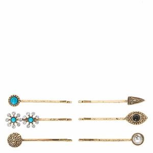NEW Gold Stone & Charm Bobby Pins 6 Pack